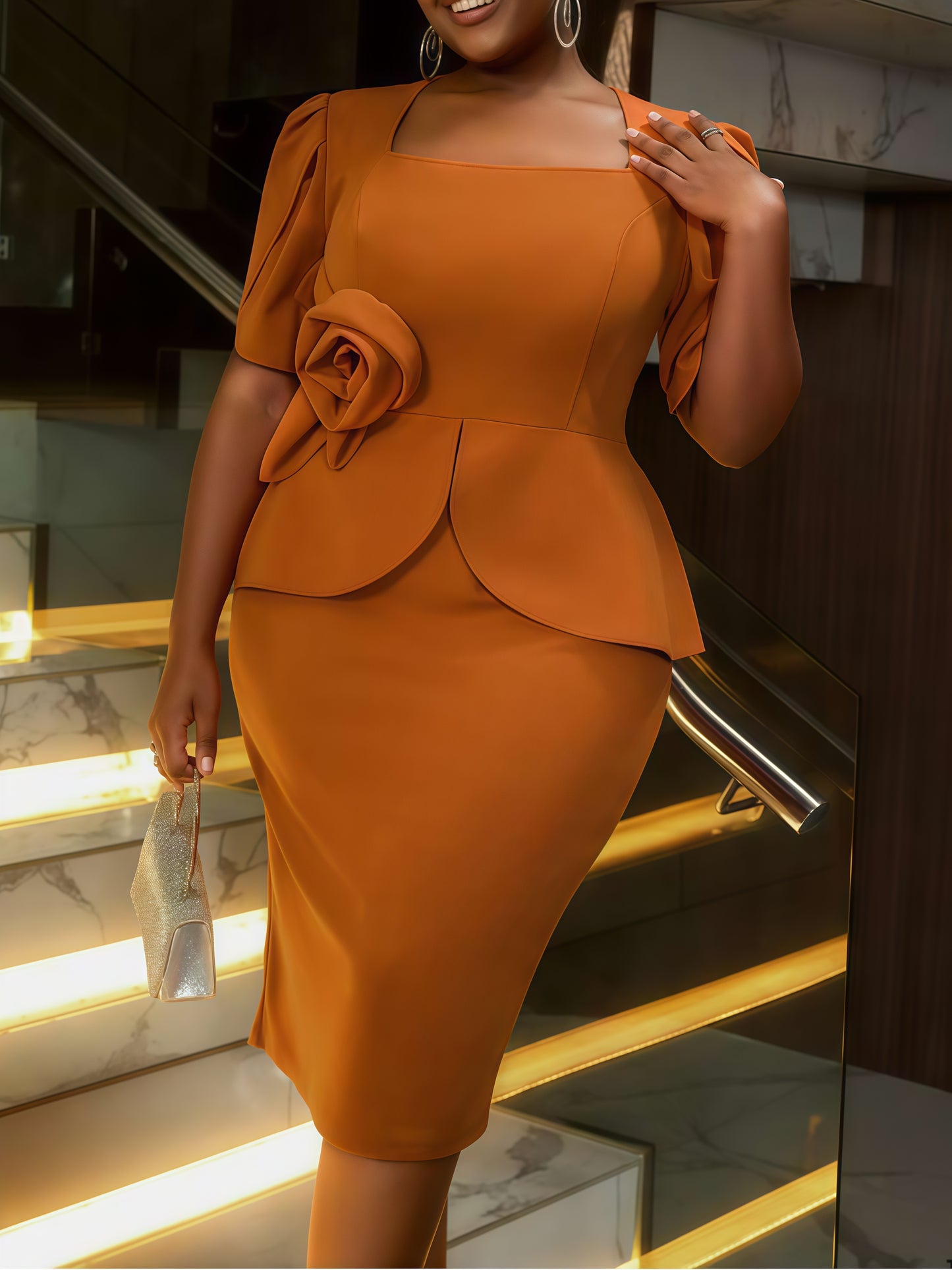 Beautilful Flower Decor Brown Square Neck Midi Dress