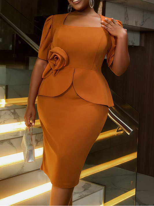 Beautilful Flower Decor Brown Square Neck Midi Dress