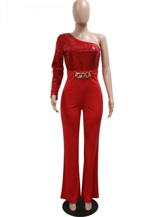 Bling Party Wear One Shoulder Sequin Red Jumpsuit