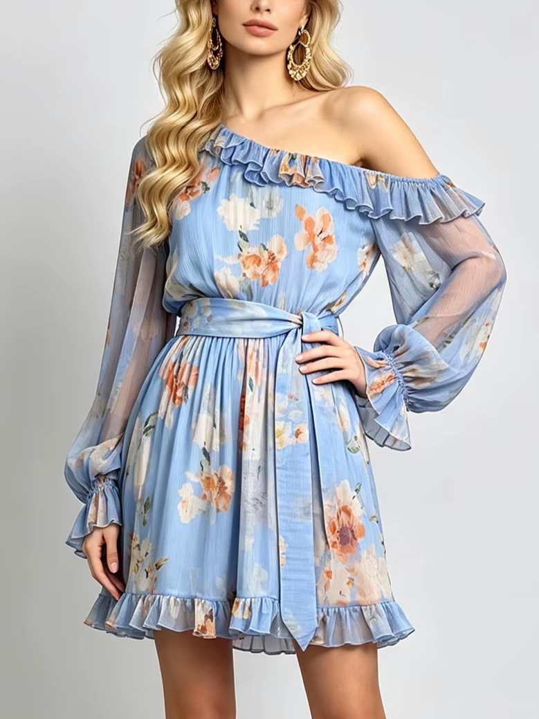 Bohemian Floral Print Asymmetric Shoulder Lantern Sleeve Ruffle Swing Dress