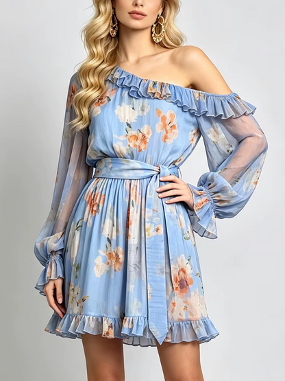 Bohemian Floral Print Asymmetric Shoulder Lantern Sleeve Ruffle Swing Dress