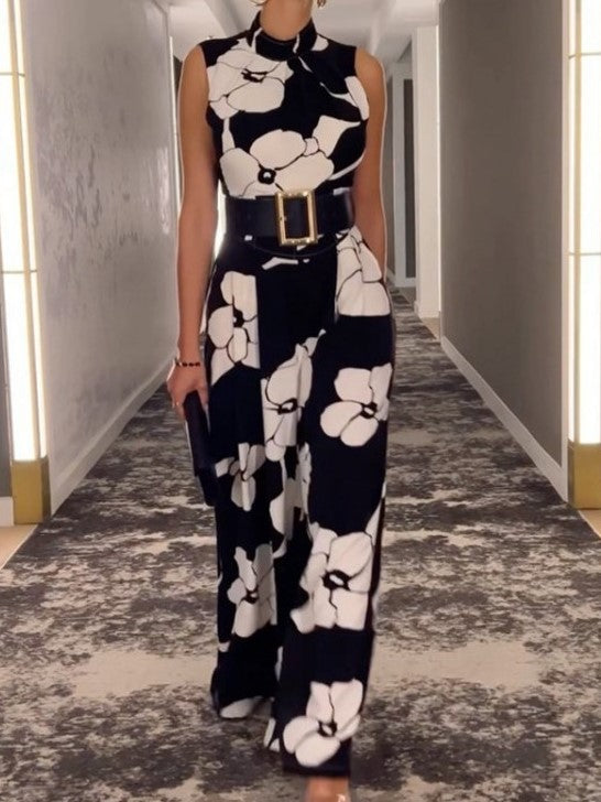 Casual Flower Print Sleeveless Black Jumpsuit - Ships in 24 Hrs