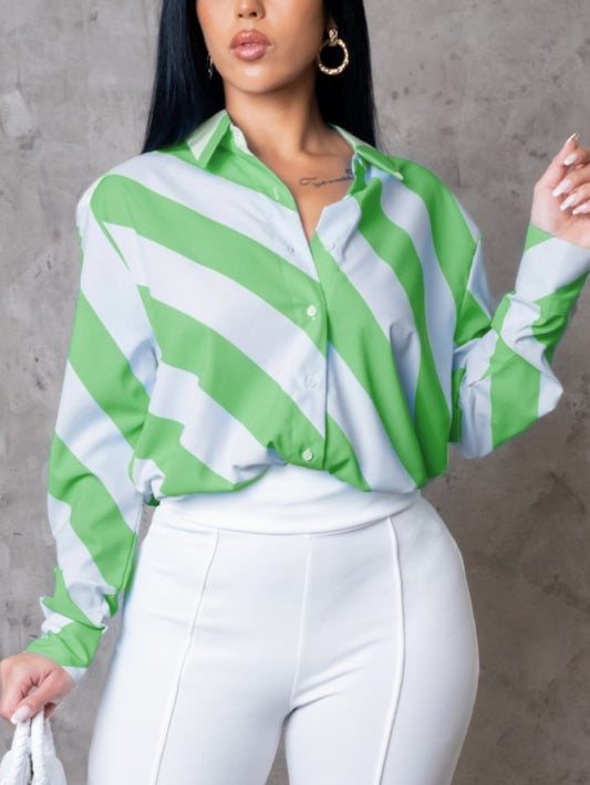 Casual Printed Stripes Green Shirt