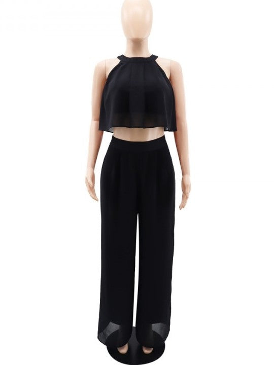 Casual Sleeveless Top With Trousers Black Set