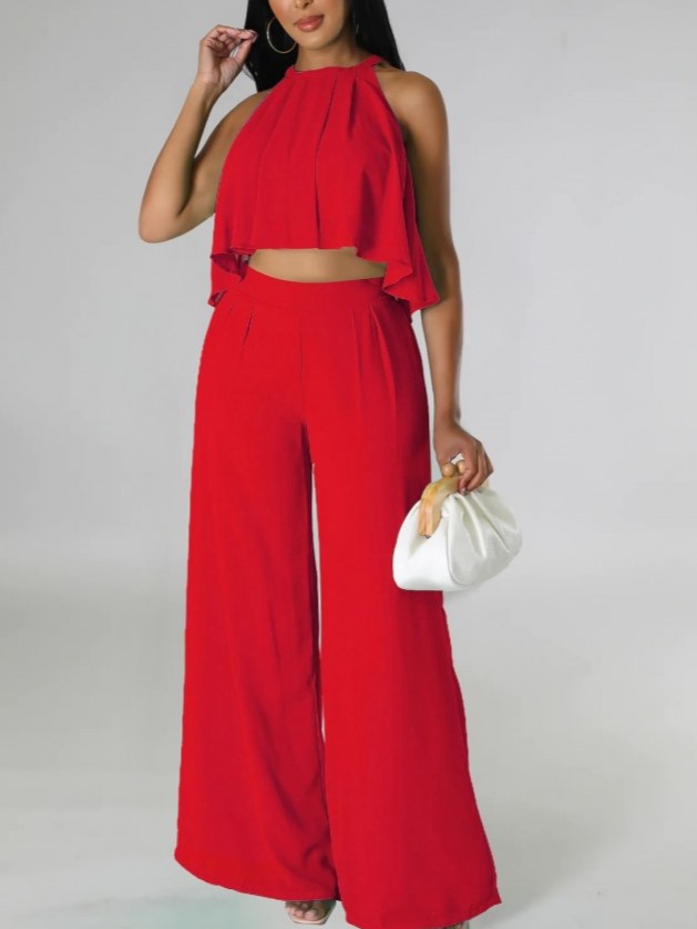 Casual Sleeveless Top With Trousers Red Set - Ships in 24 Hrs