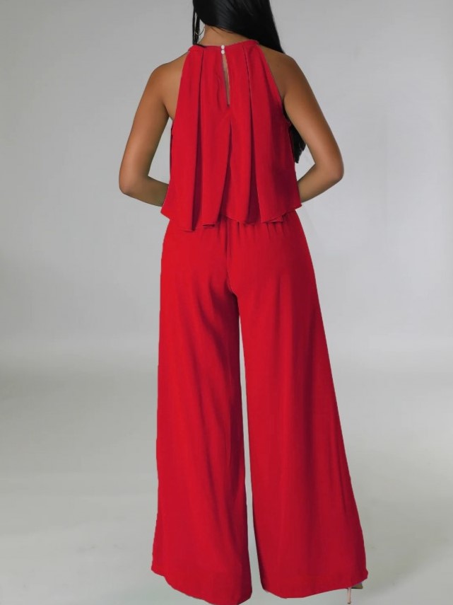 Casual Sleeveless Top With Trousers Red Set