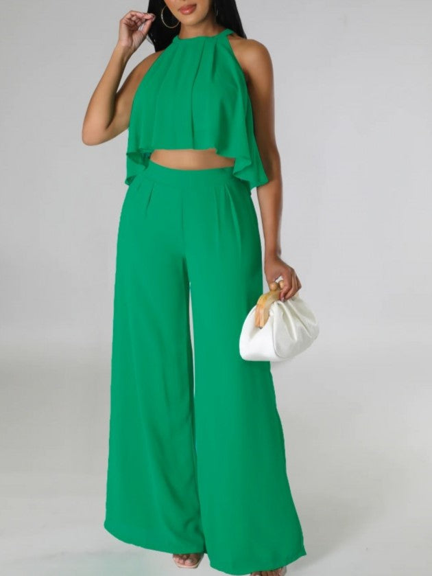 Casual Sleeveless Top With Trousers Green Set