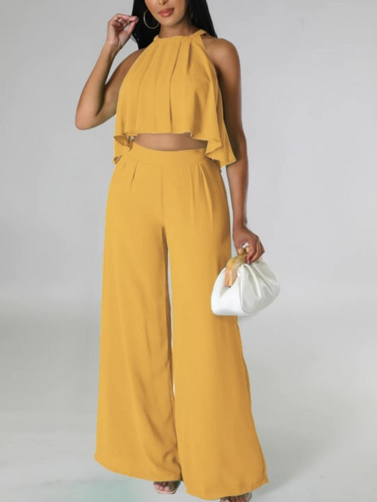 Casual Sleeveless Top With Trousers Yellow Set