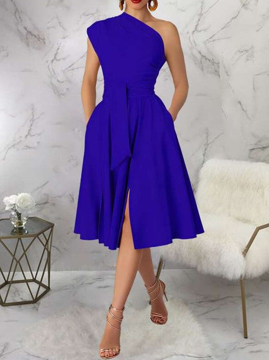 Charming One Shoulder Solid Pleated Sleeveless Blue Midi Dress