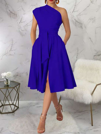 Charming One Shoulder Solid Pleated Sleeveless Blue Midi Dress