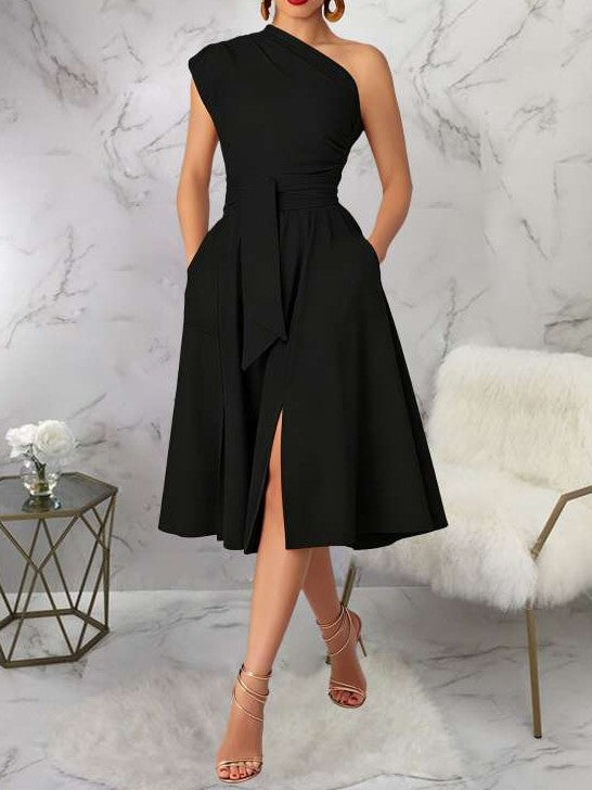 Charming One Shoulder Solid Pleated Sleeveless Black Midi Dress