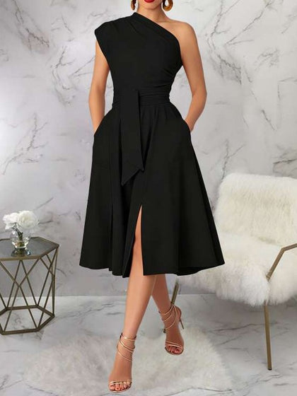Charming One Shoulder Solid Pleated Sleeveless Black Midi Dress