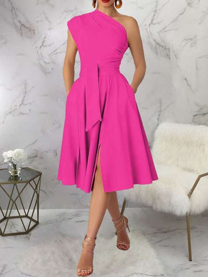 Charming One Shoulder Solid Pleated Sleeveless Pink Midi Dress