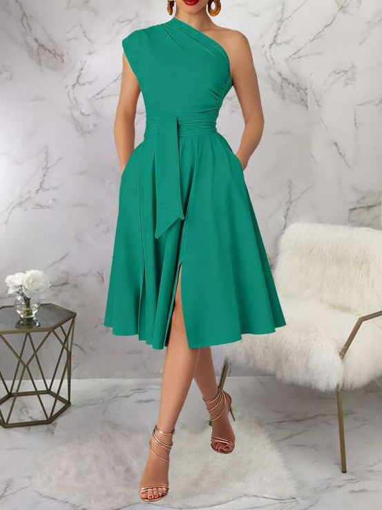 Charming One Shoulder Solid Pleated Sleeveless Green Midi Dress