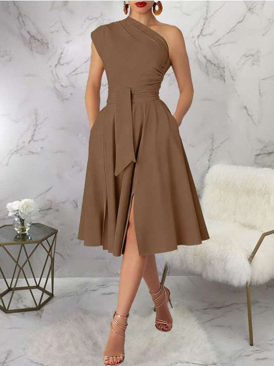 Charming One Shoulder Solid Pleated Sleeveless Brown Midi Dress