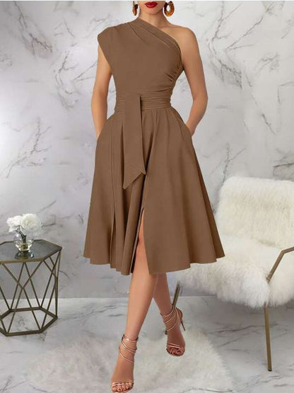 Charming One Shoulder Solid Pleated Sleeveless Brown Midi Dress