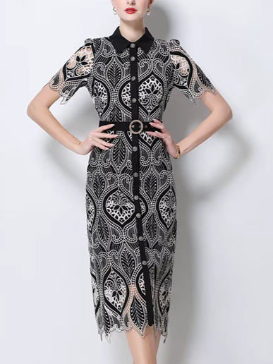 Charming Peter Pan Collar Single Breasted Short Sleeve Black Lace Dress