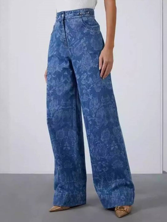 Chic Rose Print Wide Leg Denim