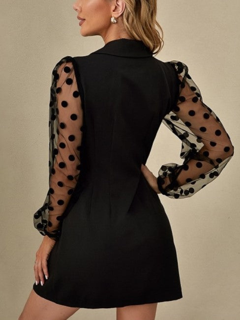 Chic See Through Dots Pattern Lantern Sleeve Black Blazer Dress