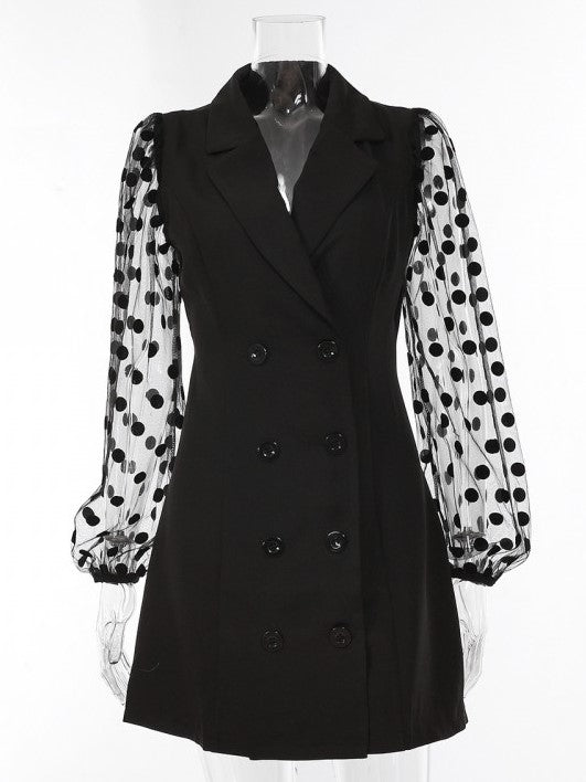 Chic See Through Dots Pattern Lantern Sleeve Black Blazer Dress