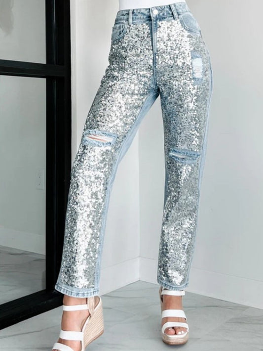 Chic Sequin Patchwork Ripped Denim Jeans