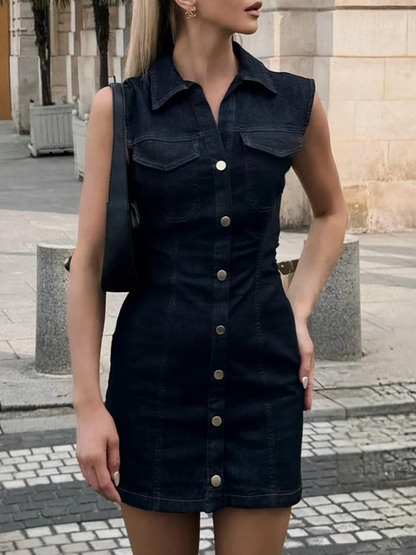 Chic Short Sleeve Button Decor Denim Mini Dress