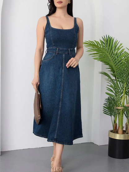 Chic Spaghetti Strap Denim Midi Dress