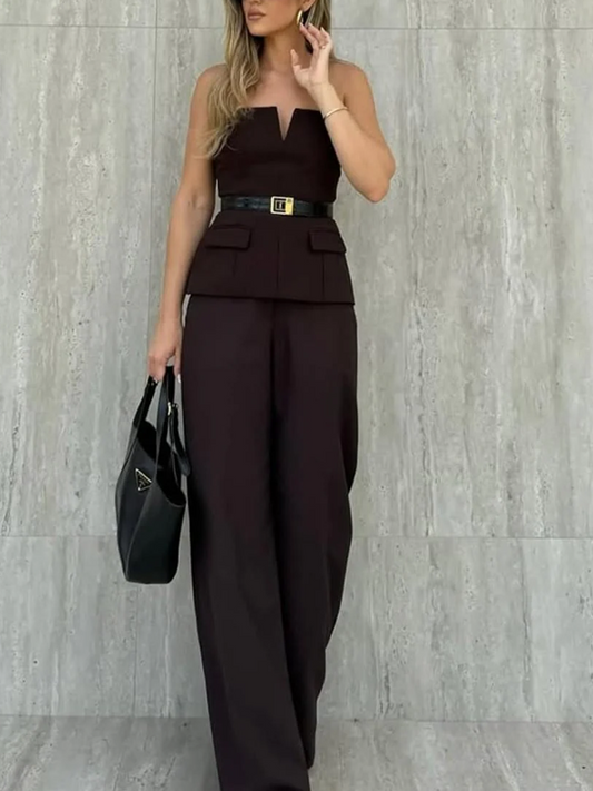 Chic Strapless Tube Top With Pants Brown Co Ord Set