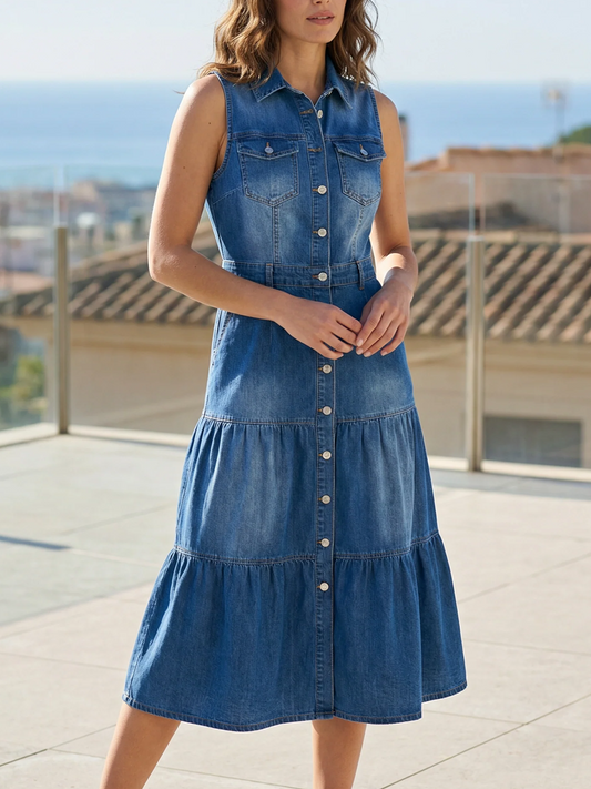 Classic Denim Sleeveless Midi Dress
