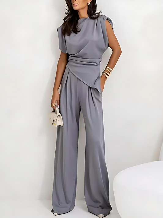 Classy Asymmetric Top With Tailored Pants Grey Set