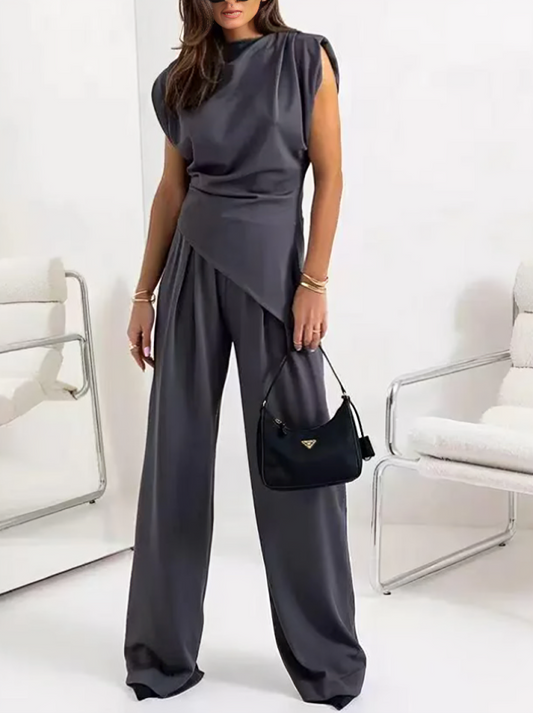 Classy Asymmetric Top With Tailored Pants Dark Grey Set