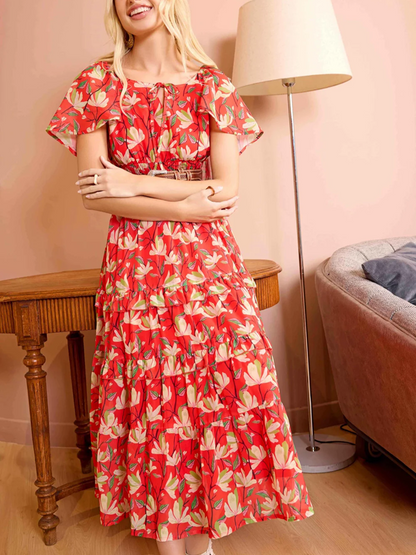 Classy Floral Print Red Dress