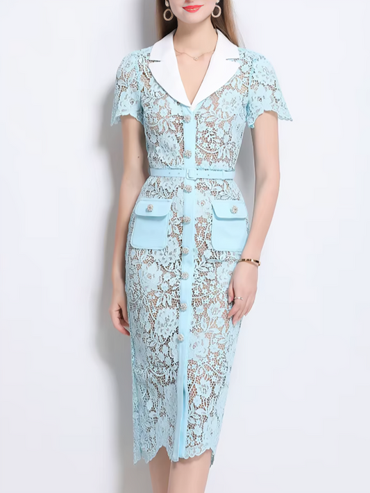Classy Lace Lapel Short Sleeve Single Breasted Slim Pencil Dress