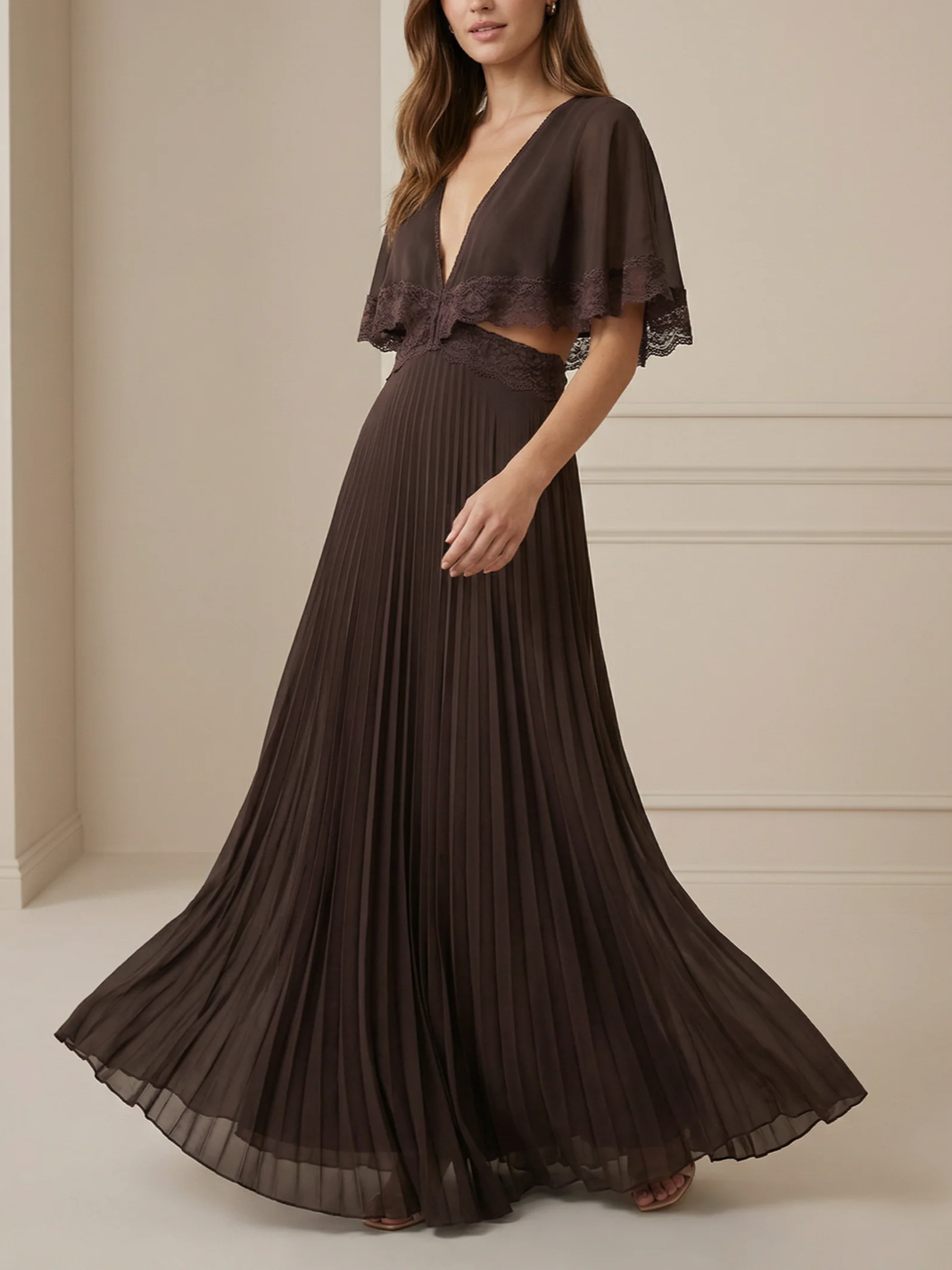Classy Lace Trim Pleated Cape Sleeve Maxi Dress -Ships in 24 Hrs