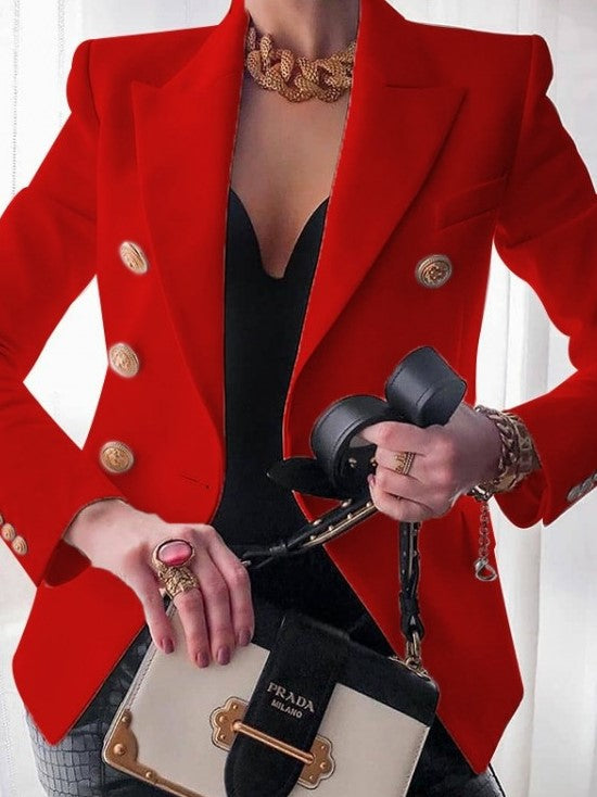 Classy Lapel Long Sleeve Red Coat - Ships in 24 Hrs