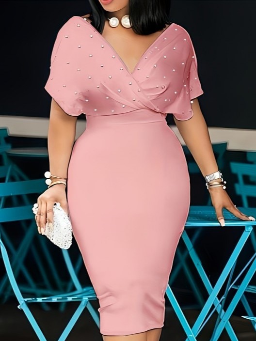 Classy Pearl Decor V Neck Pink Dress