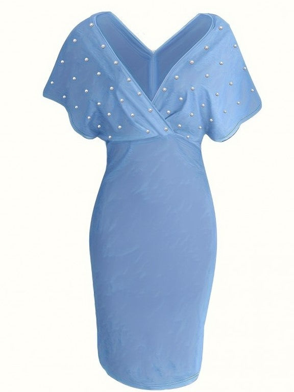 Classy Pearl Decor V Neck Blue Dress