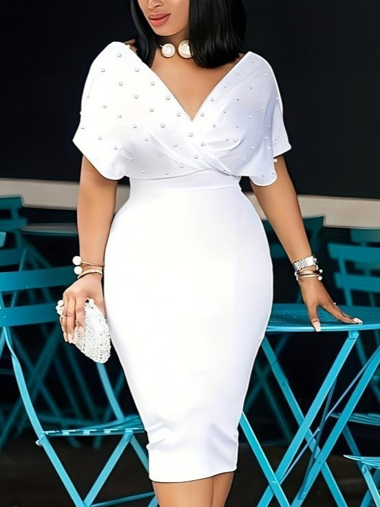 Classy Pearl Decor V Neck White Dress