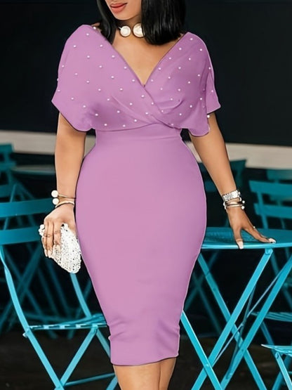 Classy Pearl Decor V Neck Purple Dress