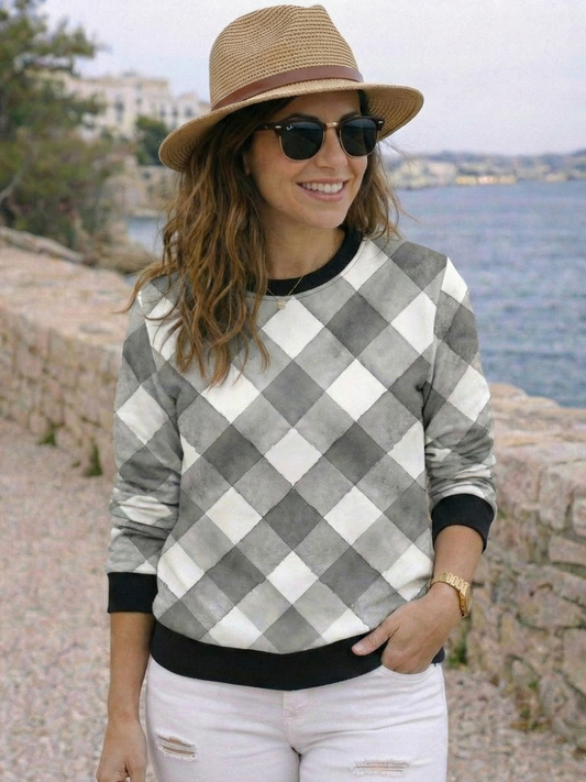 Classy Plaid Print White Sweatshirt