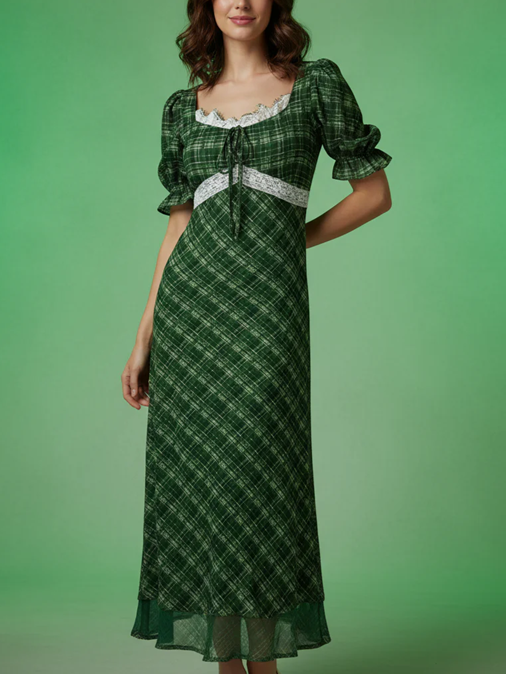 Classy Puff Sleeve U Neck Lace Green Dress