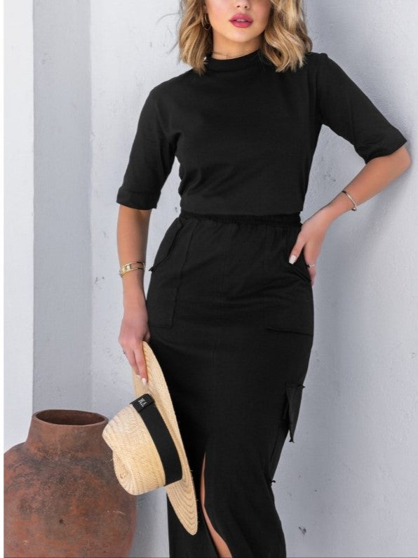 Classy Solid Half Sleeve Top With Skirt Black Set