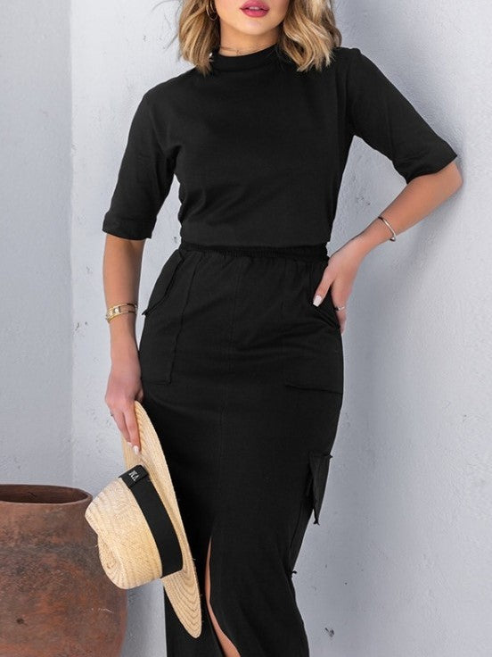 Classy Solid Half Sleeve Top With Skirt Black Set