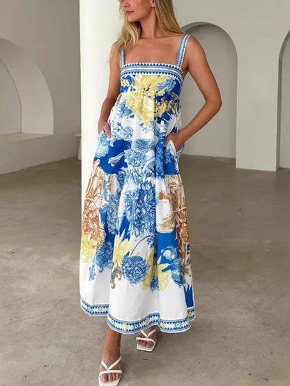 Classy Square Neck Floral Print Blue Dress