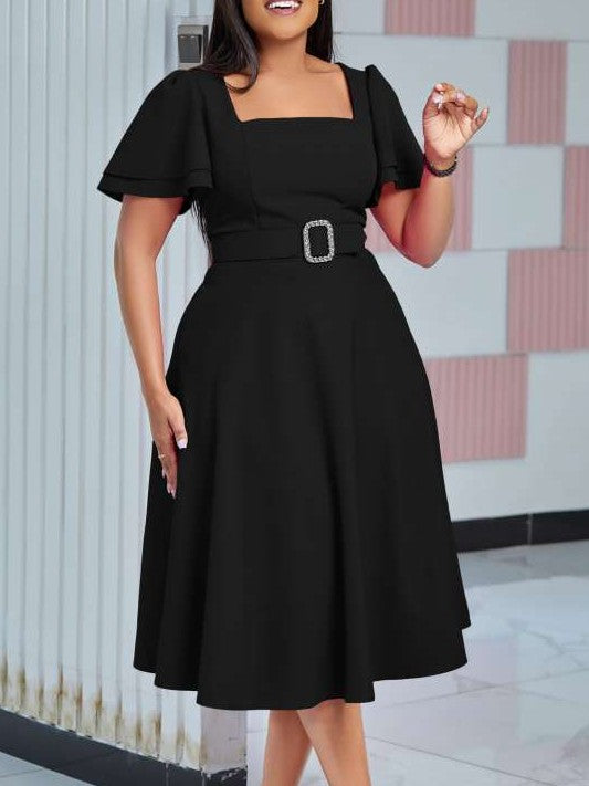 Classy Trumpet Sleeve Black Midi Dress With Belt
