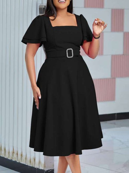 Classy Trumpet Sleeve Black Midi Dress With Belt