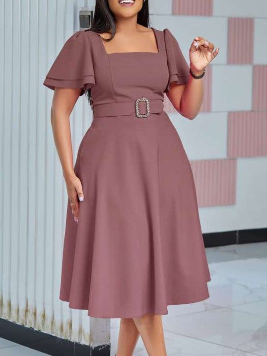 Classy Trumpet Sleeve Coffee Midi Dress With Belt