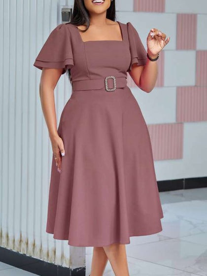 Classy Trumpet Sleeve Coffee Midi Dress With Belt
