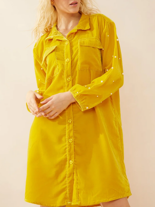 Classy Velvet Pearl Decor Yellow Shirt Dress