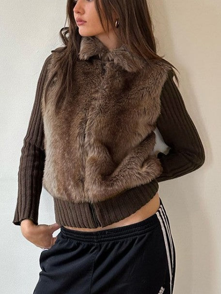 Classy Winter Look Fur Patchwork Zipper Coat
